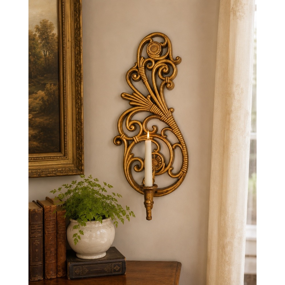 Vintage Syroco 3312 Faux Wood Wall Sconce Candle Holder 15.5" Scroll USA